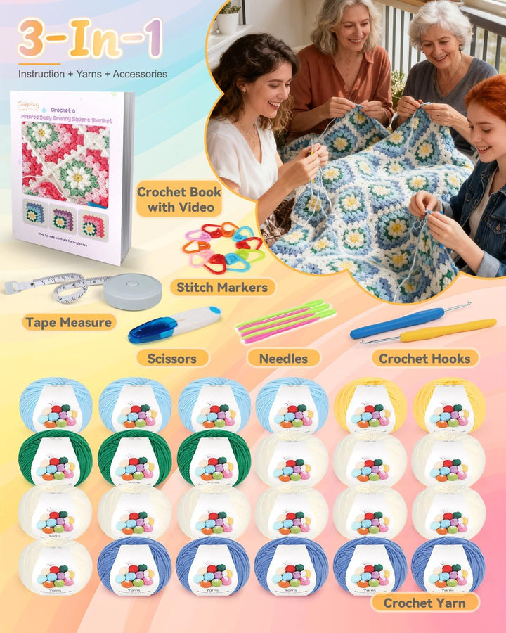 Coopay Granny Square Häkelset für Anfänger, Häkel Set für Gänseblümchen Decke 3D, Komplett Häkelset