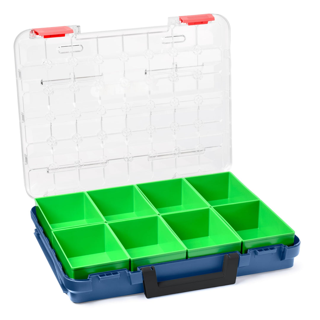 T-BOXX 320 Sortimentskasten Professional Blau | Inkl. 8x Insetbox D3 Grün | Transparenter Deckel | A
