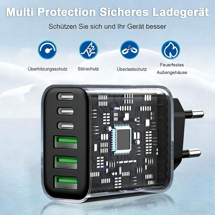 65W GaN Mehrfachladegerät 6 Port, Kompaktes USB-C Schnellladegerät mit 3×USB-C PD & 3×USB-A Anschlüs