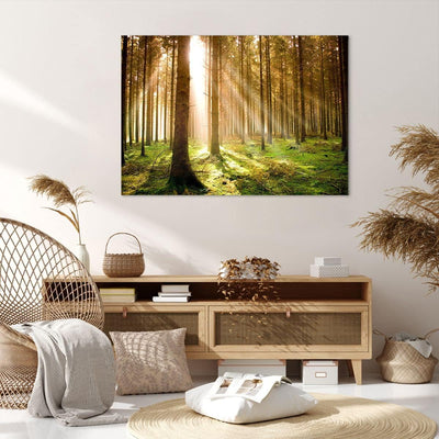 Bilder auf Leinwand 100x70cm Leinwandbild mit Rahmen Bäume Sonne Natur Gross Wanddeko Bild Schlafzim