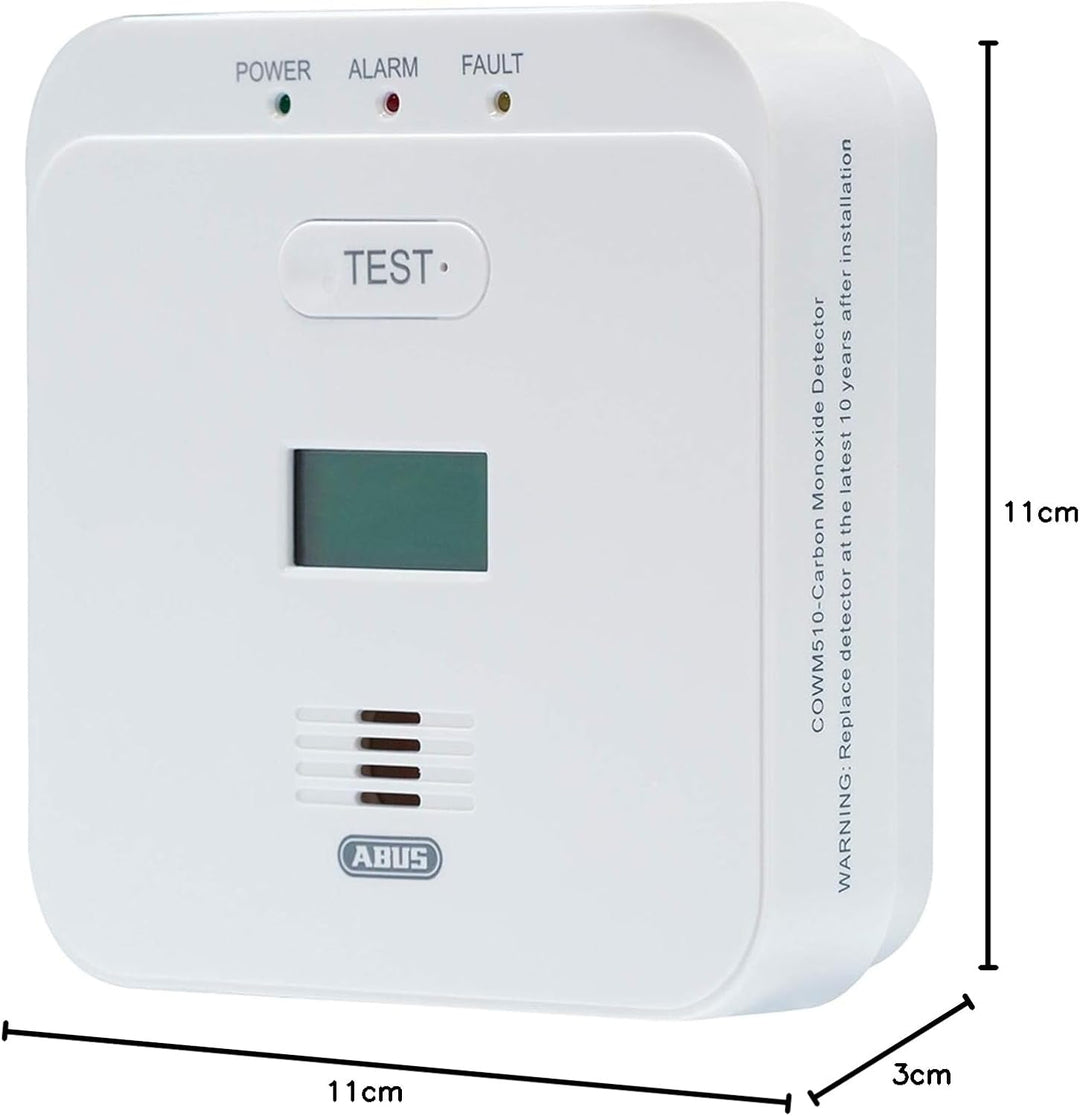 ABUS Kohlenmonoxid-Warnmelder COWM510 - CO-Melder mit 85 dB lautem Alarm, Prüftaste, 10-Jahres-Senso