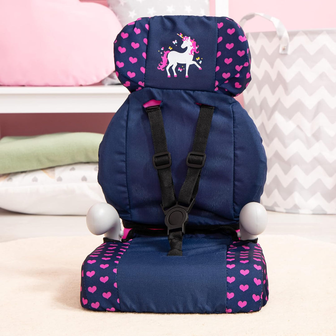 Bayer Design 67554AA Deluxe Puppenautositz, Puppensitz, Puppenzubehör, mit Gurt, blau, rosa, Einhorn