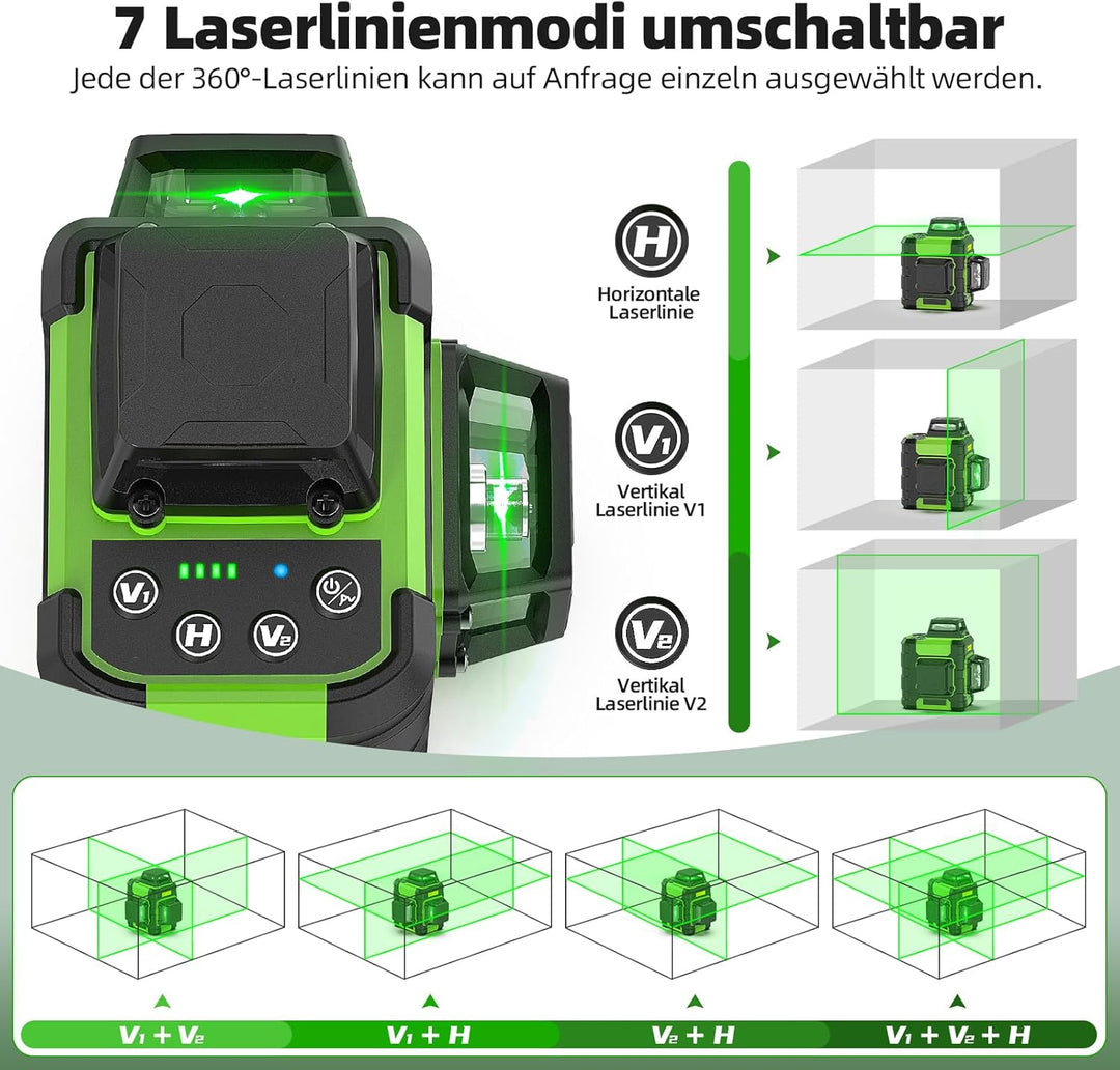 Huepar Kreuzlinienlaser 360 grün, selbstnivellierend, wiederaufladbar, Laser Wasserwaage 3x360°, 3D-