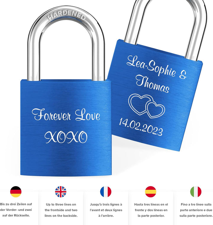 LIEBESSCHLOSS-FACTORY Liebes-Schloss Blau mit Gravur und Schlüssel, gratis Geschenkbox uvm. Jetzt gr