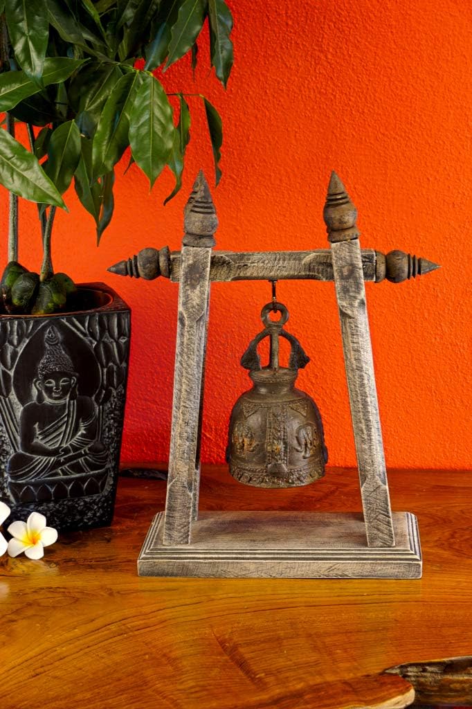 Tempel Glocke mit Stativ - Bronze Glocke - Massivholz - thailändische Dekoration - 30cm Stativ