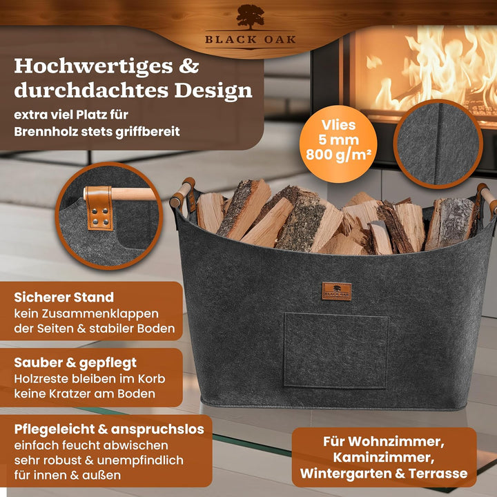 BLACK OAK Holzkorb MONTANA XXL 100L 60x36x45cm Filzkorb für Holz grau | Echt-Leder Applikation + bre
