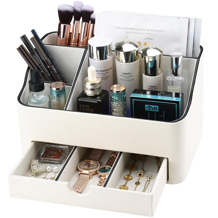 KINGFOM Make-up-Organizer mit Schublade, kompakte Beauty-Aufbewahrung für Schminktisch, PU-Leder Hau