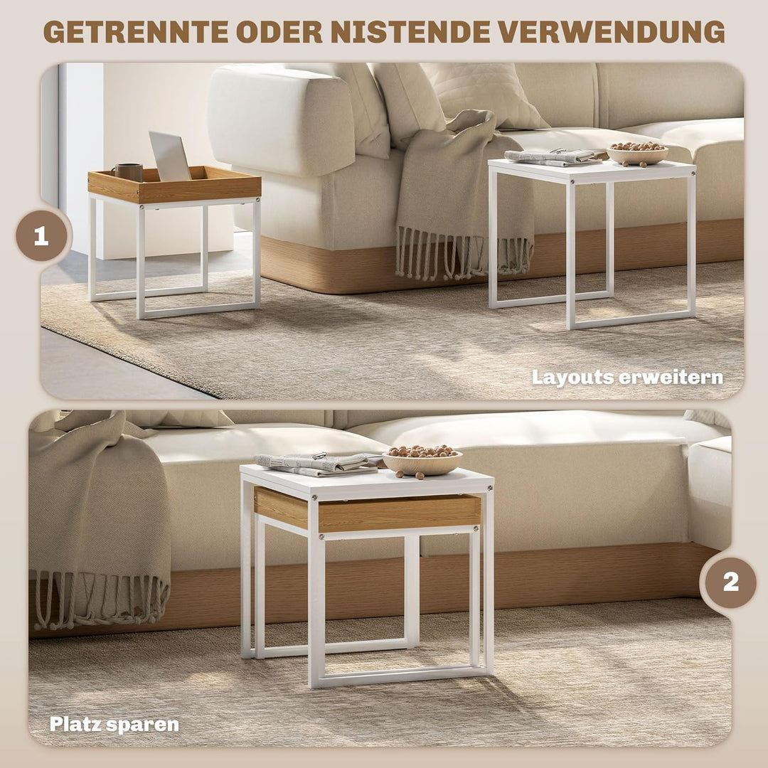 HOMCOM Couchtisch 2er Set Satztisch Quadratischer Beistelltisch mit Abnehmbarem Tablett, Stahlgestel