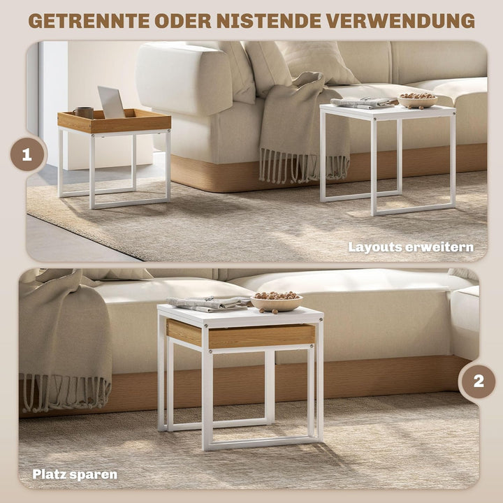 HOMCOM Couchtisch 2er Set Satztisch Quadratischer Beistelltisch mit Abnehmbarem Tablett, Stahlgestel