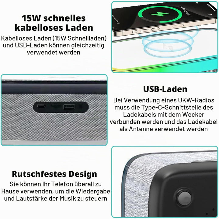 PORFOYO Digitaler Wecker mit Licht und Ladestation, 3-in-1 Wecker Digital mit Bluetooth Lautsprecher