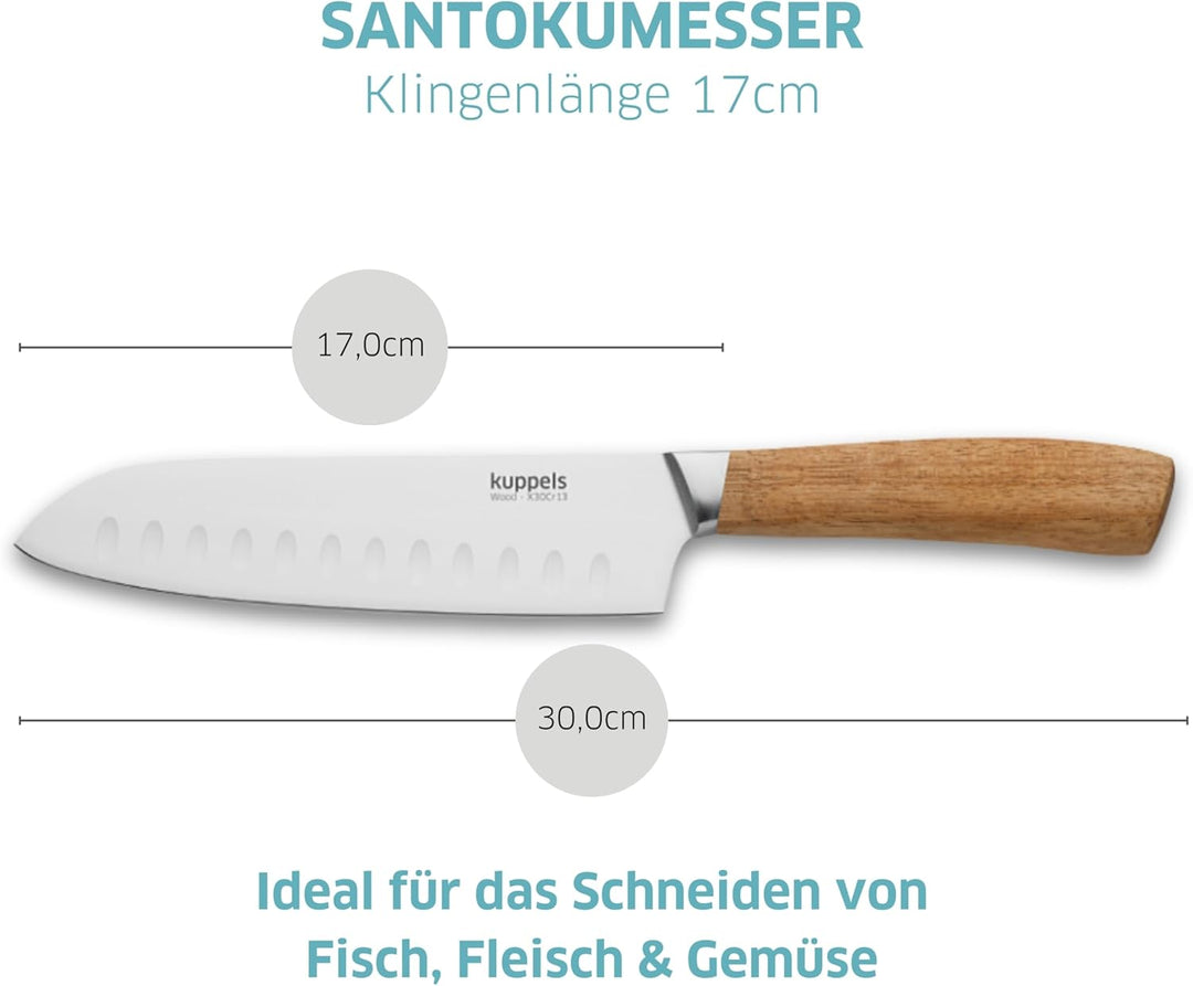 Kuppels Wood Santoku Messer mit Kullenschliff, 17 cm Klingenlänge, extrem scharf & schnitthaltig, Me
