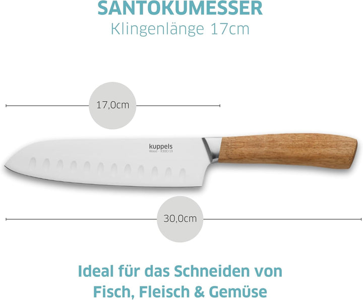 Kuppels Wood Santoku Messer mit Kullenschliff, 17 cm Klingenlänge, extrem scharf & schnitthaltig, Me