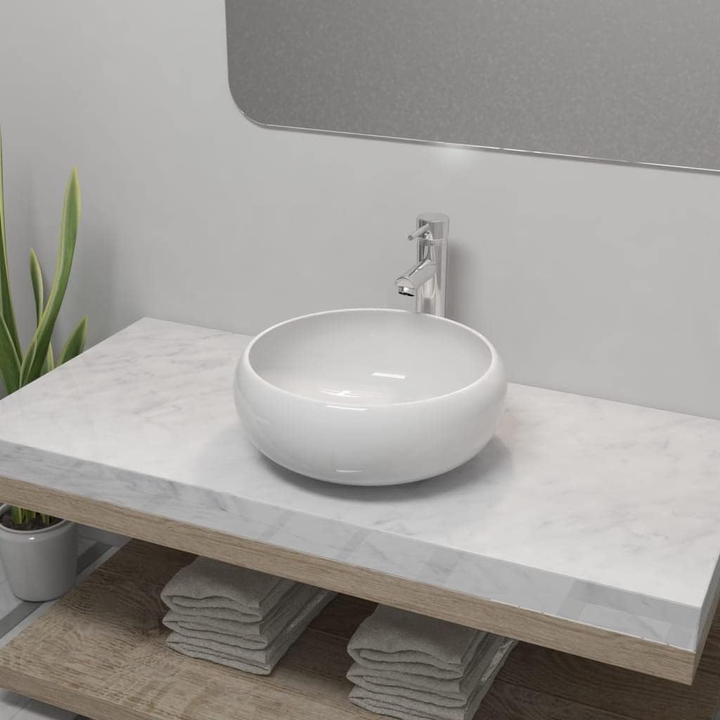 WIFESE Bad-Waschbecken mit Mischbatterie Keramik Rund Weiss 40x16 CM Aufsatzwaschbecken Eckig Badezi