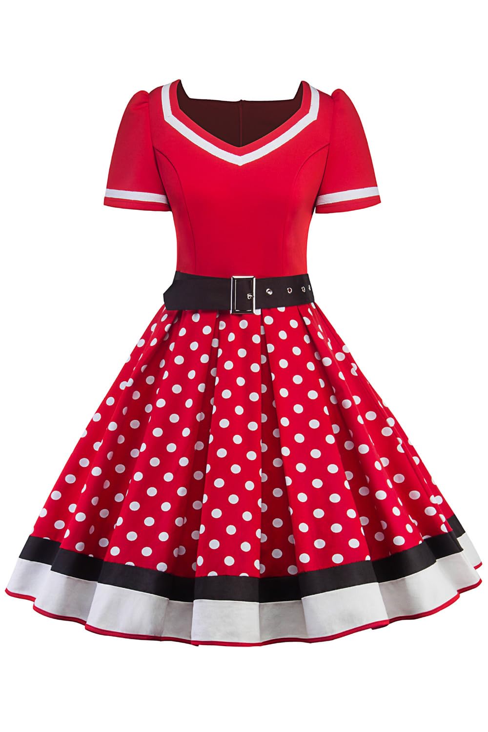 AXOE Damen Gepunktet Rockabilly Vintage Kleid mit Gürtel Partykleid Rot