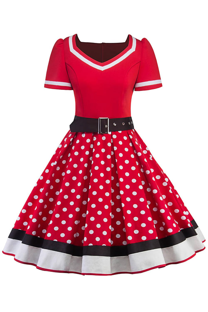 AXOE Damen Gepunktet Rockabilly Vintage Kleid mit Gürtel Partykleid S Rot, S Rot