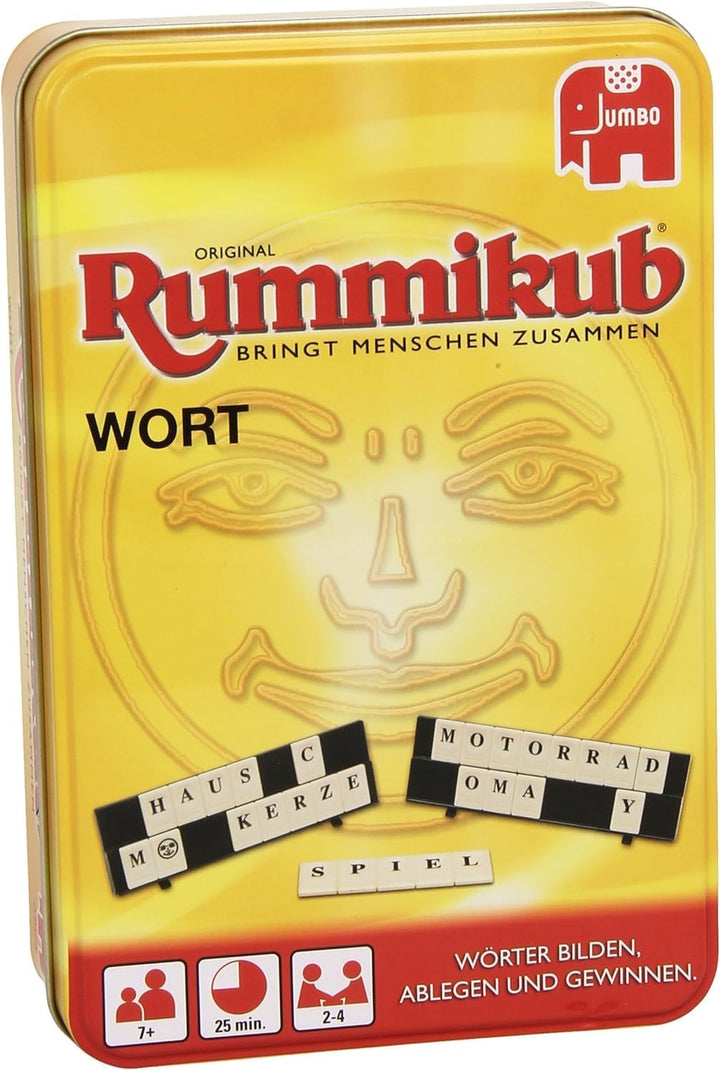 Jumbo Spiele Original Rummikub Wort in Metalldose - Das kultige Gesellschaftsspiel in der kompakten