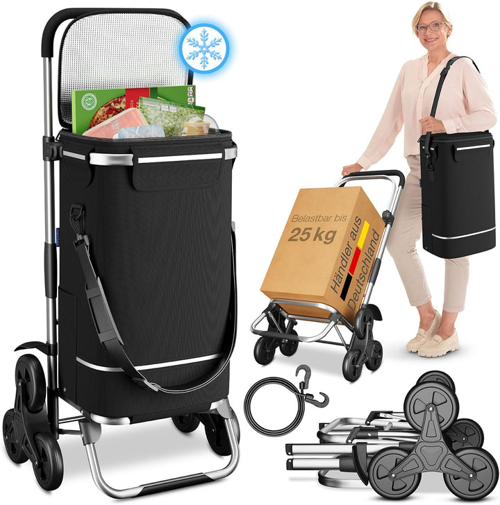 maxVitalis Einkaufstrolley Treppensteiger mit XXL Kühlfach, Einkaufsroller klappbar, Shopping Trolle