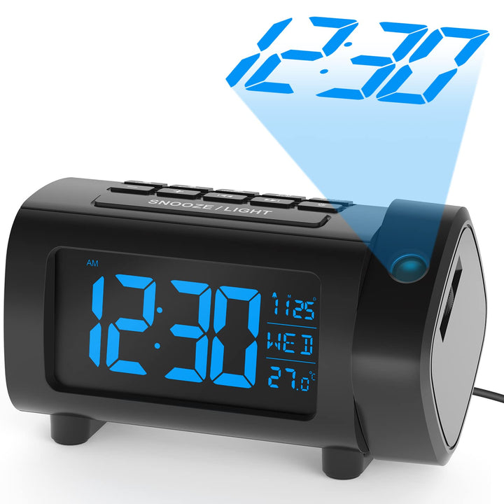 LIORQUE Projektionswecker Radiowecker Digital Wecker mit Radio Snooze Wochenendmodus Temperatur USB