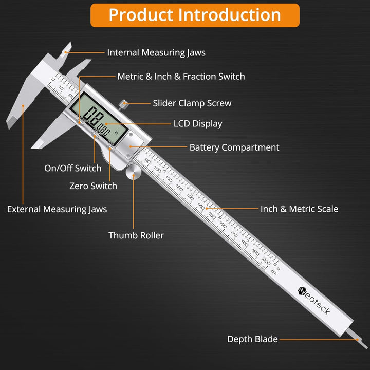 Neoteck Digital Messschieber 200 mm mit Fühlerlehre, LCD Display, Zoll/Metrik/Bruch, Messschieber El