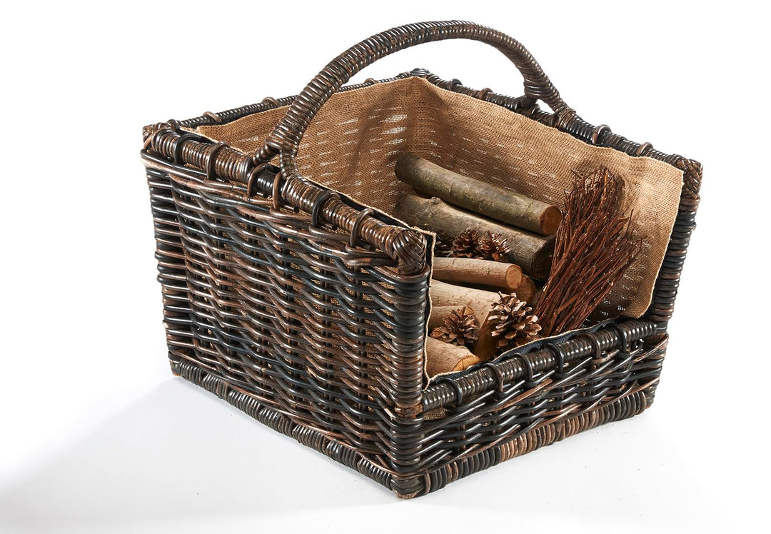 Kobolo Kaminholzkorb Holztrage Holzkorb für Kaminholz Rattan grau mit abnehmbarem Leinenstoff