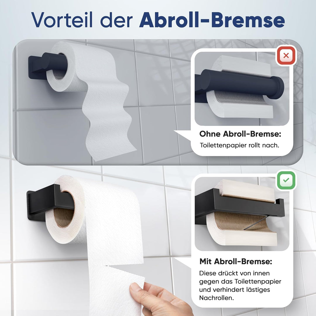 WOHNHELD® Toilettenpapierhalter ohne Bohren [Mit Abroll-Bremse] Edelstahl - Silber & Schwarz - Kloro