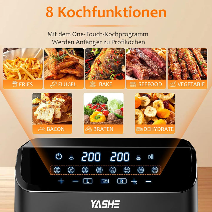 YASHE Dual Zone Heissluftfritteuse, 9L XL Kapazität Doppel-Airfryer mit Digital Control, 8-in-1 Koch