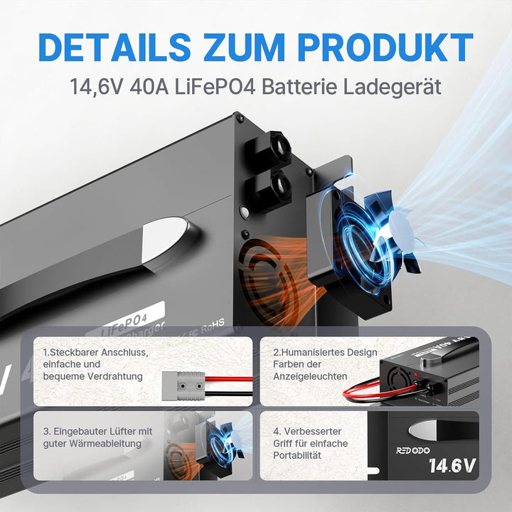 Redodo Smart Bluetooth 12V 140Ah H190 LiFePO4 Batterie mit 14.6V 40A Ladegerät Bluetooth Lithium-Bat