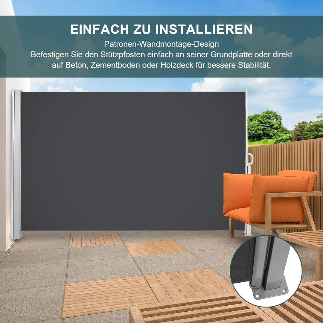 Ansobea Seitenmarkise,Sonnenschutz Markise Grau,180 x 300 cm Sichtschutz für Balkon, Garten, Terrass