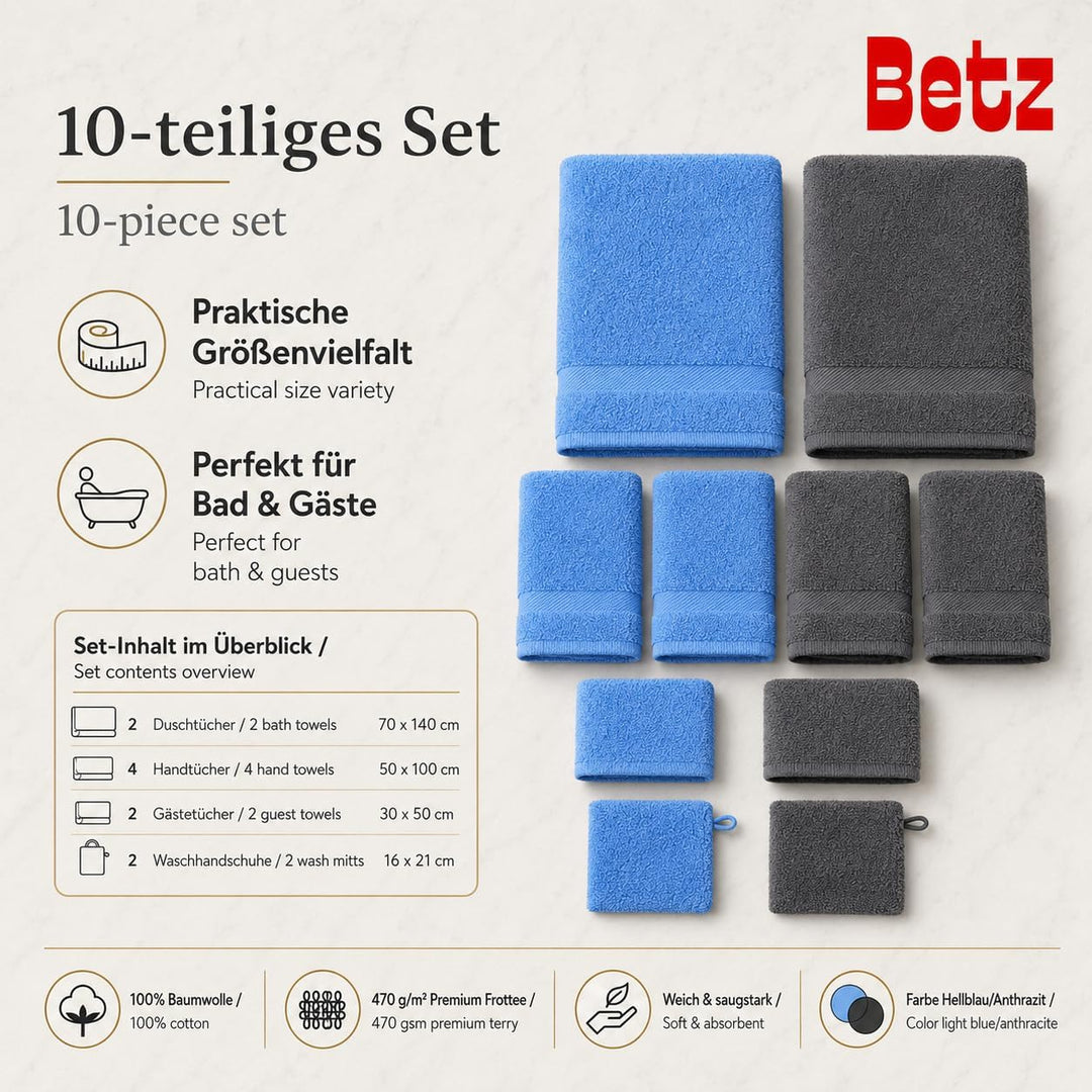 Betz 10-TLG. Handtuch-Set Premium 100% Baumwolle 2 Duschtücher 4 Handtücher 2 Gästetücher 2 Waschhan