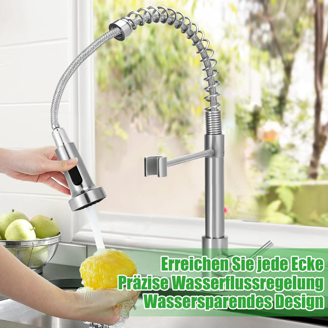 Küchenarmatur mit Brause, Feder-Wasserhahn für Küche, ausziehbare Mischbatterie mit 2 Sprühmodi, Spü