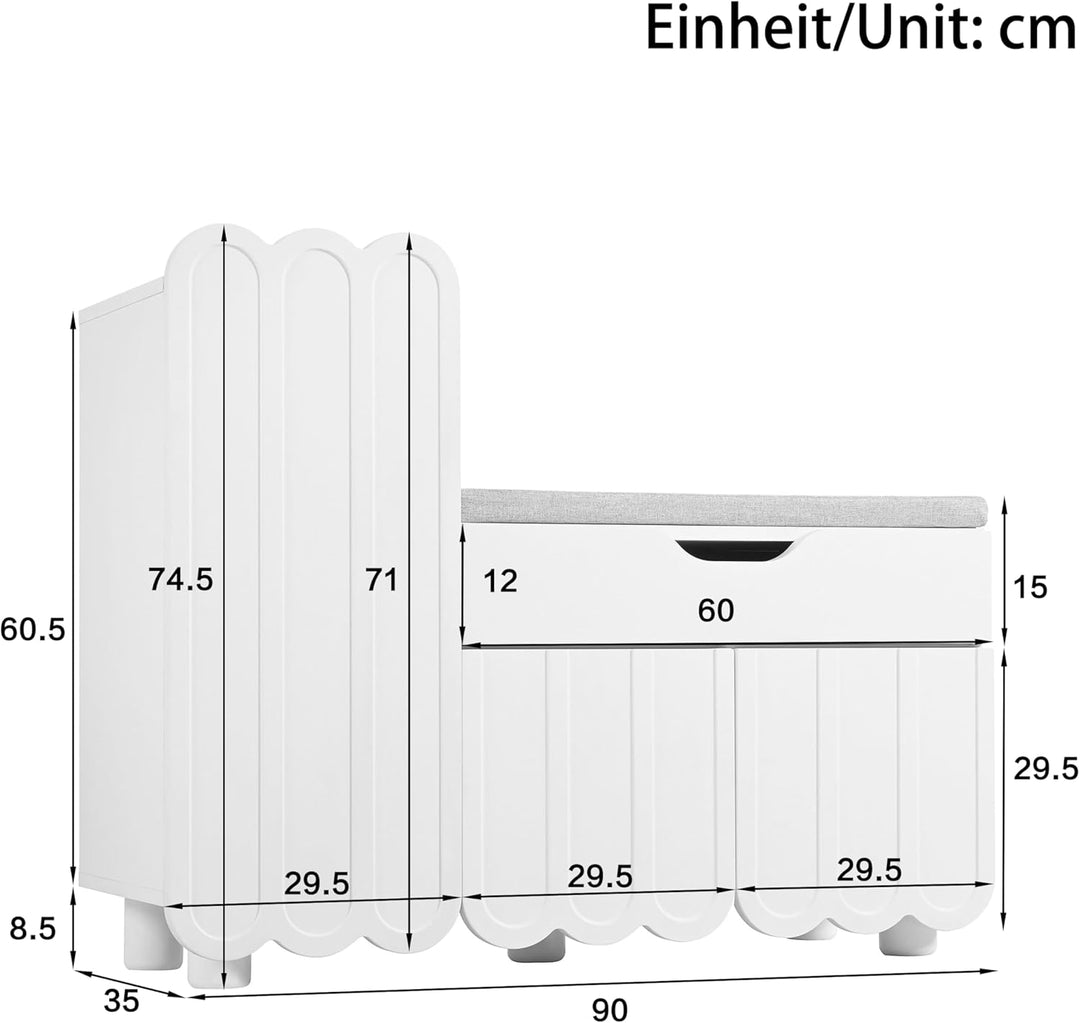 Merax Schuhschrank mit Sitzbank, Schuhbank mit Stauraum, 3 Stauraumtüren und 1 Schublade, gepolstert
