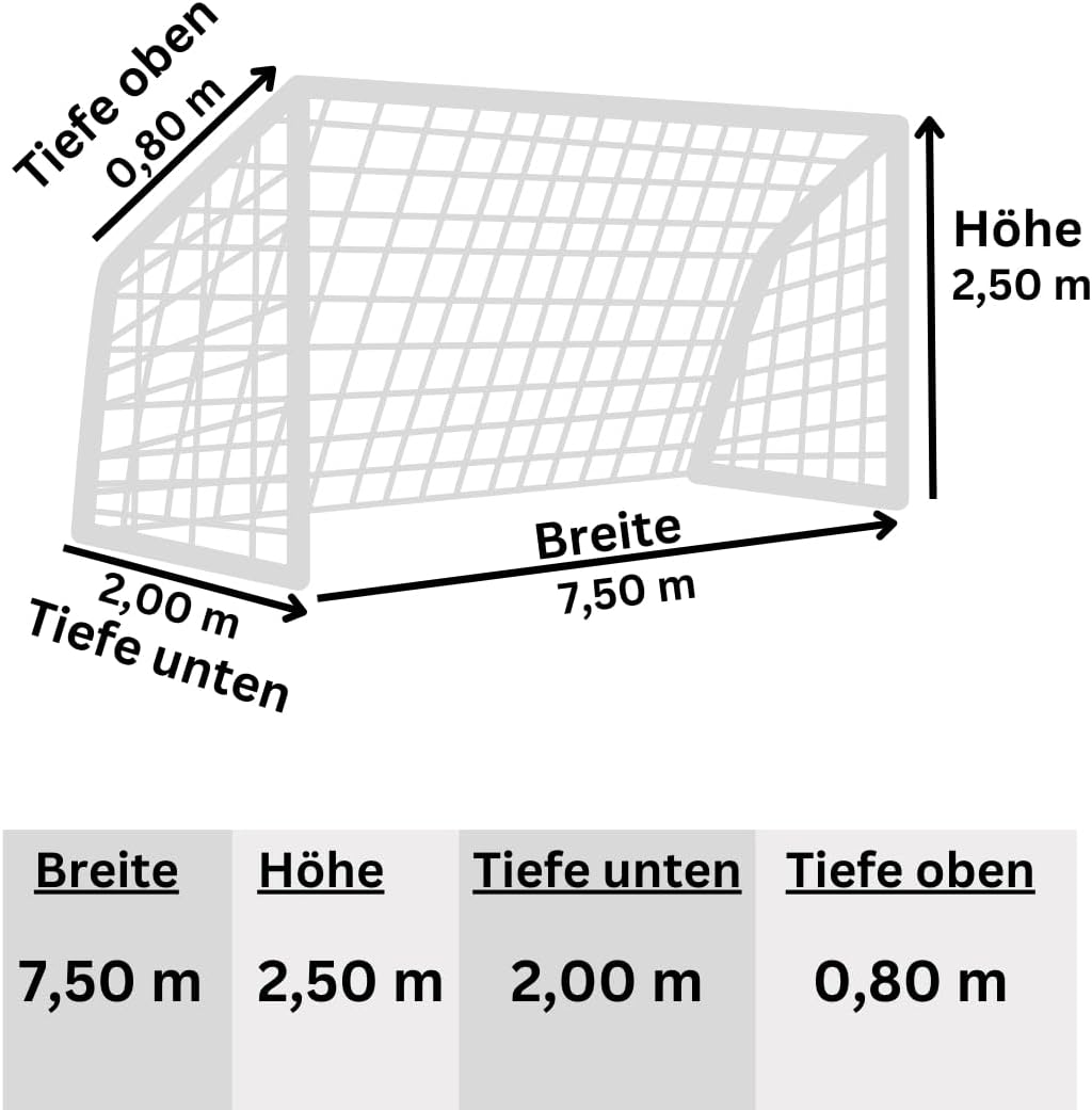 Fussball Tornetz Fussballtornetz 7,50 m x 2,50 m Tiefe Oben 0,80 unten 2,00 m zweifarbig PP 4 mm Far