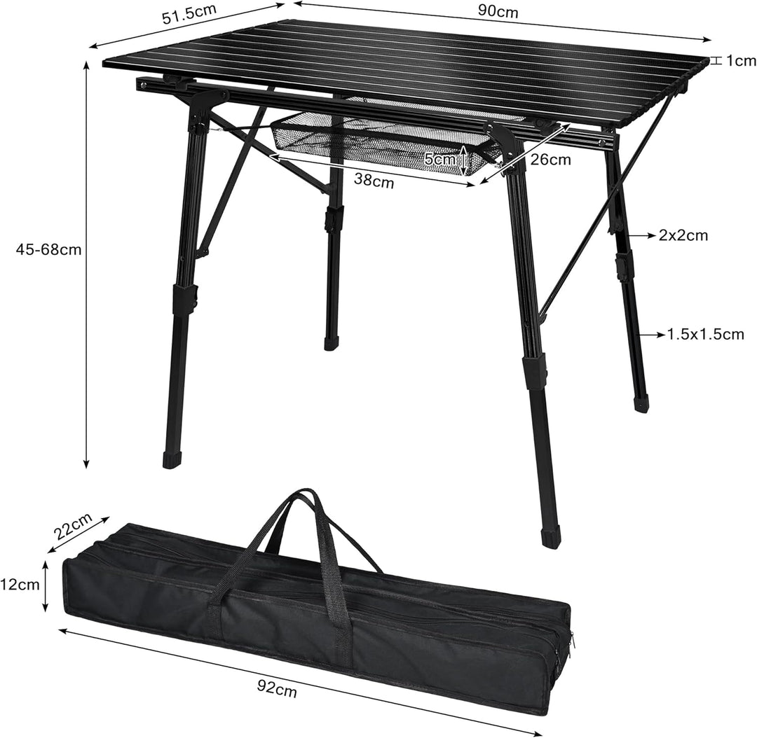 Alu Campingtisch Faltbar Höhenverstellbar Klapptisch 90 x 52 cm Falttisch mit Netzbeutel und Trageta