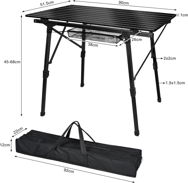 Alu Campingtisch Faltbar Höhenverstellbar Klapptisch 90 x 52 cm Falttisch mit Netzbeutel und Trageta
