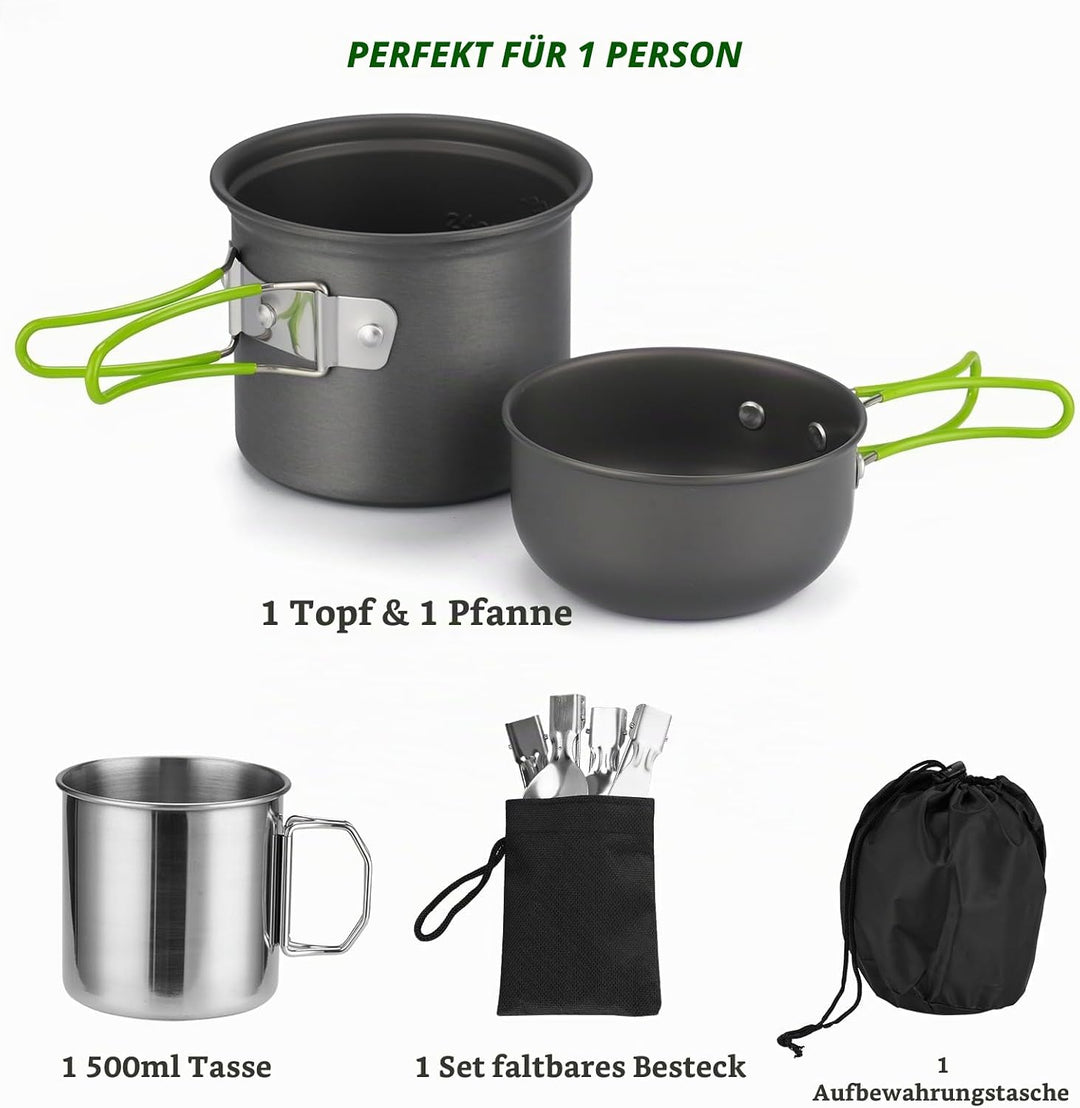 Camping Kochgeschirr Mess Kit - ISFORU Camping Kochset, Kompaktes Camping Topf und Pfannen Set für 1