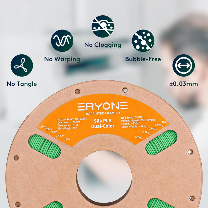 ERYONE Dual Zweifarbig PLA Filament 1.75mm, 3D Drucker Filament 1kg Spule +/- 0,02 mm, Seide Gelb &amp;