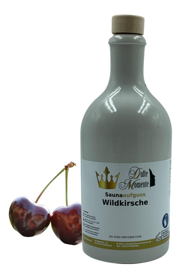 Dufte Momente | Saunaduft Wildkirsche 500ml in weisser Steinzeugflasche mit Korkmündung | vegan, ohn