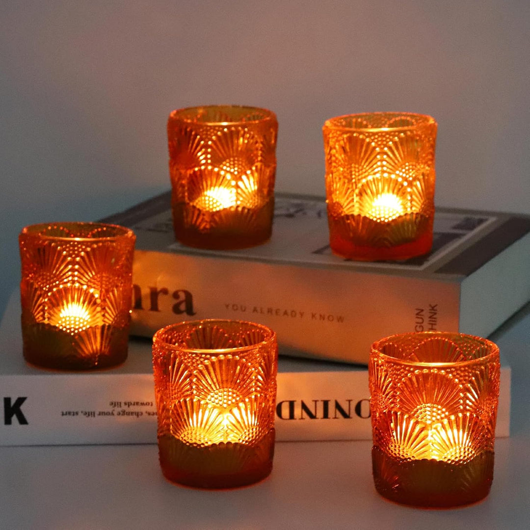 12 Stück Amber Teelichthalter Glas, Ginkgo-Biloba Teelichter Gläser (5,5 W × 6,5 H cm) im Grosspack