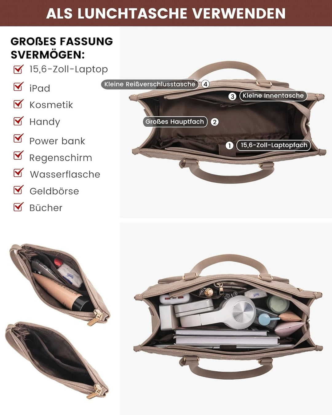 LOVEVOOK Laptoptasche Damen mit Isolierted Lunch-Fach, 15,6 Zoll Laptop Handtasche, Arbeitstasche Le