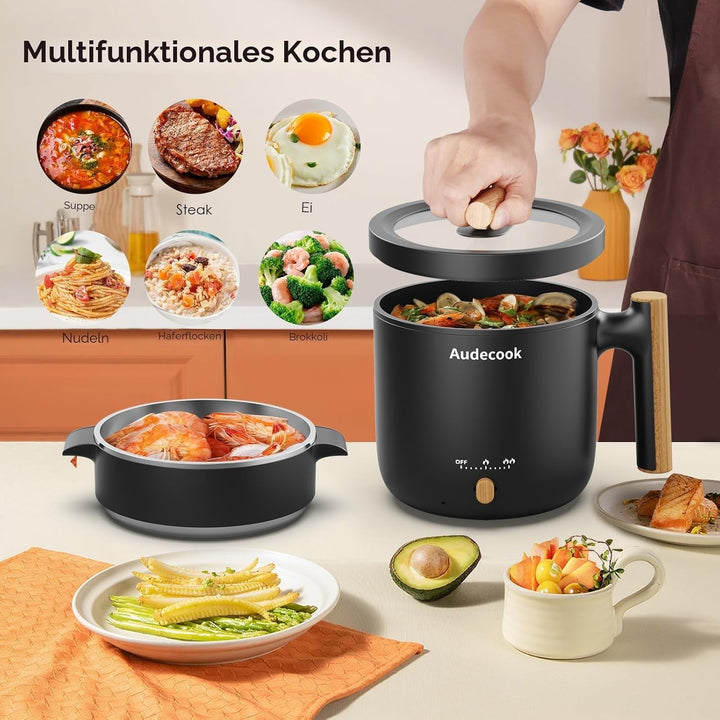 Audecook - Elektrischer Dampfgarer, tragbarer Mini-Kocher, 1,8 l, elektrischer Kochtopf mit Antihaft