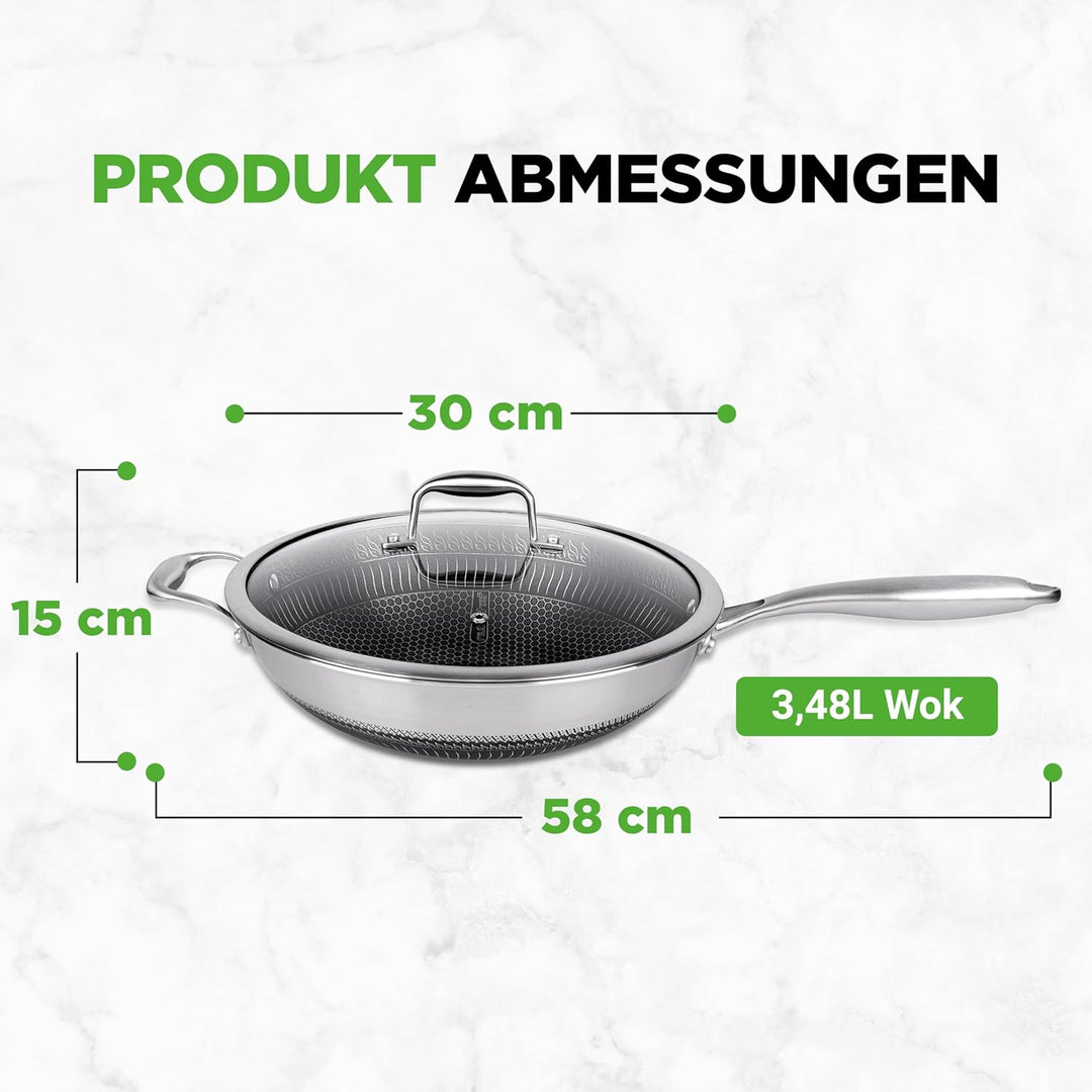 NutriChef Wokpfanne, 30cm Edelstahl Pfanne mit Kratzfester Mesh Beschichtung, Inkl. Glasdeckel, Für