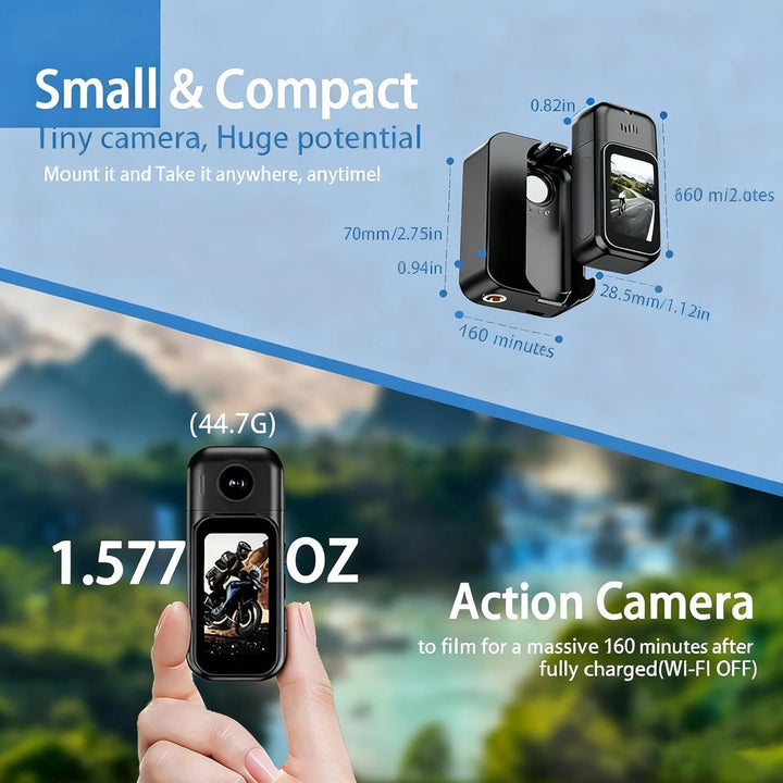 4K Mini Action Kamera WLAN, Daumengrösse mit 1,47” Touchscreen & 180° Drehbarer Linse, Magnetische B