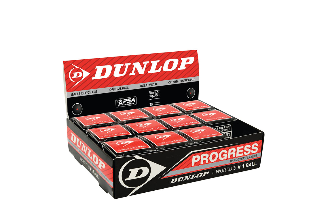Dunlop Squashbälle Progress rot, für Freizeit- und Hobbyspieler – Speed mittelschnell 12 Balls, 12 B