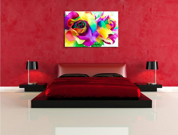 Kunterbunte Rosen Format: 100x70 auf Leinwand, XXL riesige Bilder fertig gerahmt mit Keilrahmen, Kun