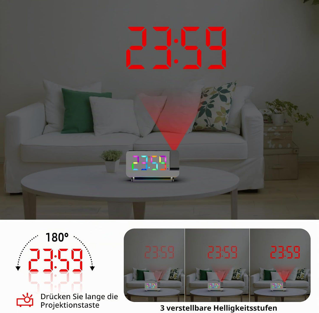 Lancoon Projektionswecker Bunter Wecker mit Radio Spiegelfläche mit 11 RGB Farbdisplay 10 Farben Nac