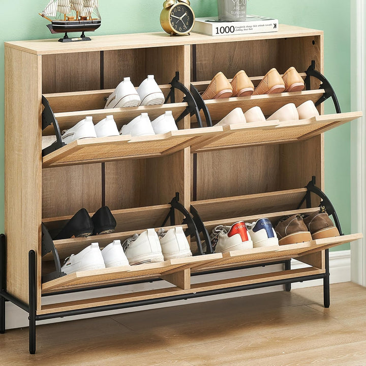 Garvee Schuhschrank Schmal Mit 4 Klappen, Schuhkipper Schuhkommode Schuhregal Mit 8 Ablageflächen Me