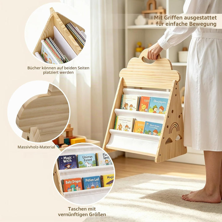 Bücherregal Kinder, Montessori Bücherregal Kinder Tragbar mit Griff, Doppelseitiges Holzregal Tragba