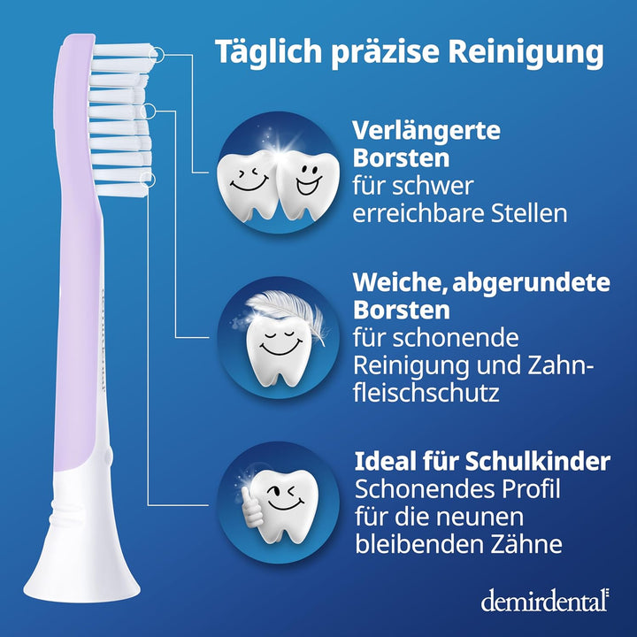 demirdental Kinder Ersatzbürsten passend für Philips Sonicare Kids, Bürstenköpfe ab 7 Jahre, entspri
