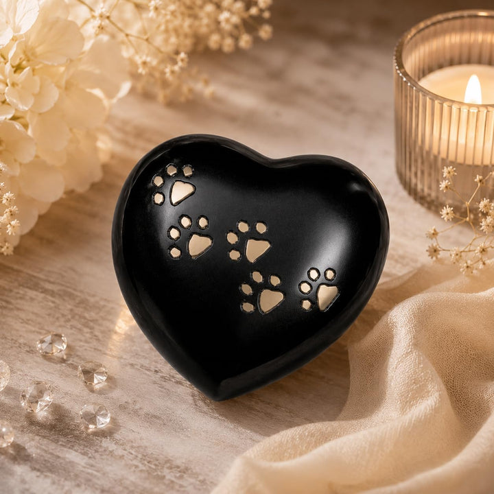 Urn for Ashes Paw Heart Funeral Cremation Memorial Keepsake Pet Dog Cat |Without Stand (Black 5") RH