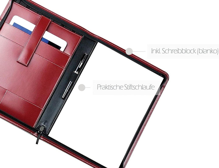 DELMON VARONE - Personalisierbare Tablet Schreibmappe DIN A4 aus Cambridge Top Grain Leder rot, Orga